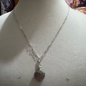 Heart Stone Pendant Necklace in Green & Pink - stainless steel chain 18 inch